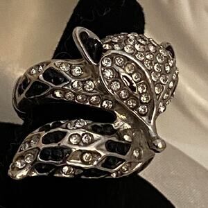 Vintage Fox Wrap Ring Crystal Gunmetal Adjustable Statement Ring